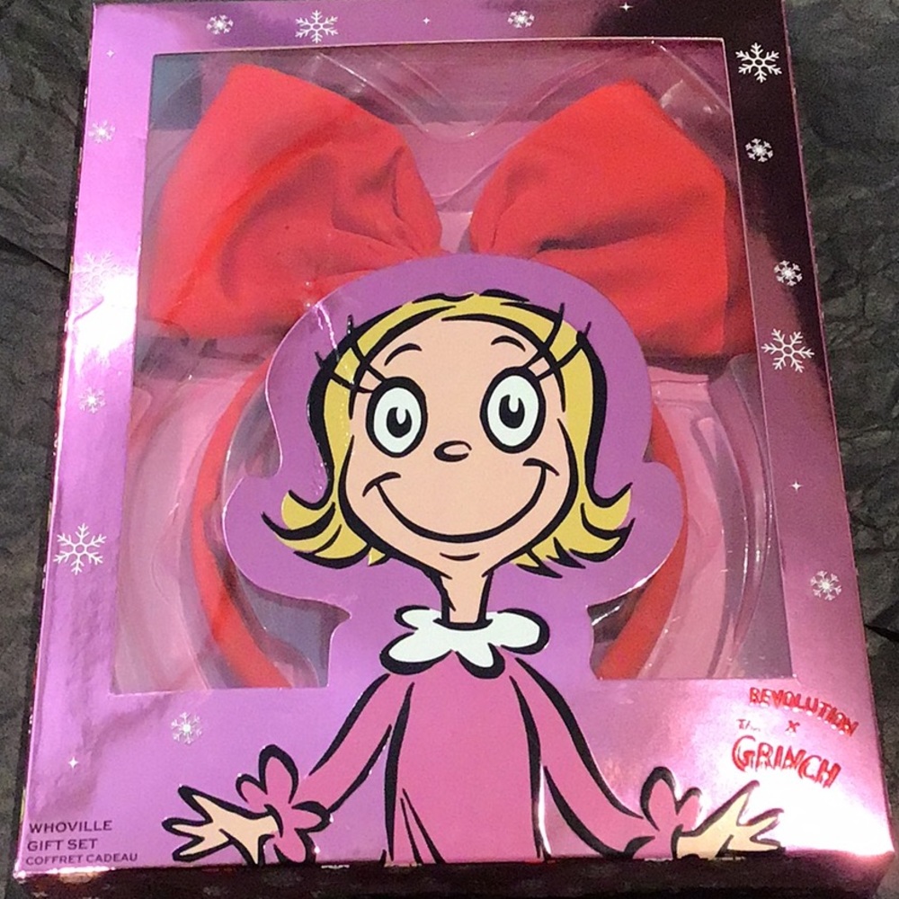 Grinch Cindy Lou x Revolution headband set with lip, cheek tint, blusher.